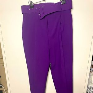 Zara. Purple front pleated belted pants. Size L.